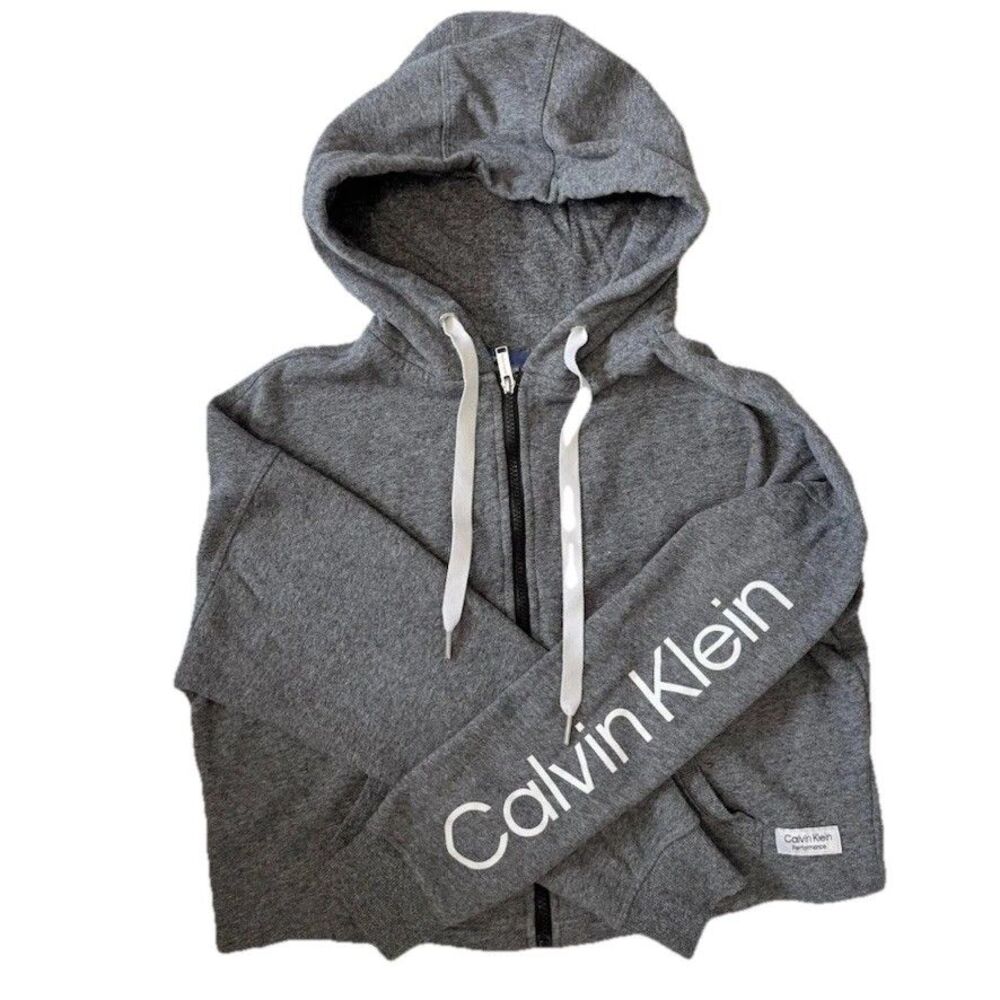 Calvin Klein Performance Cropped Hoodie Women's Small Gray CottonBlend Full Zip